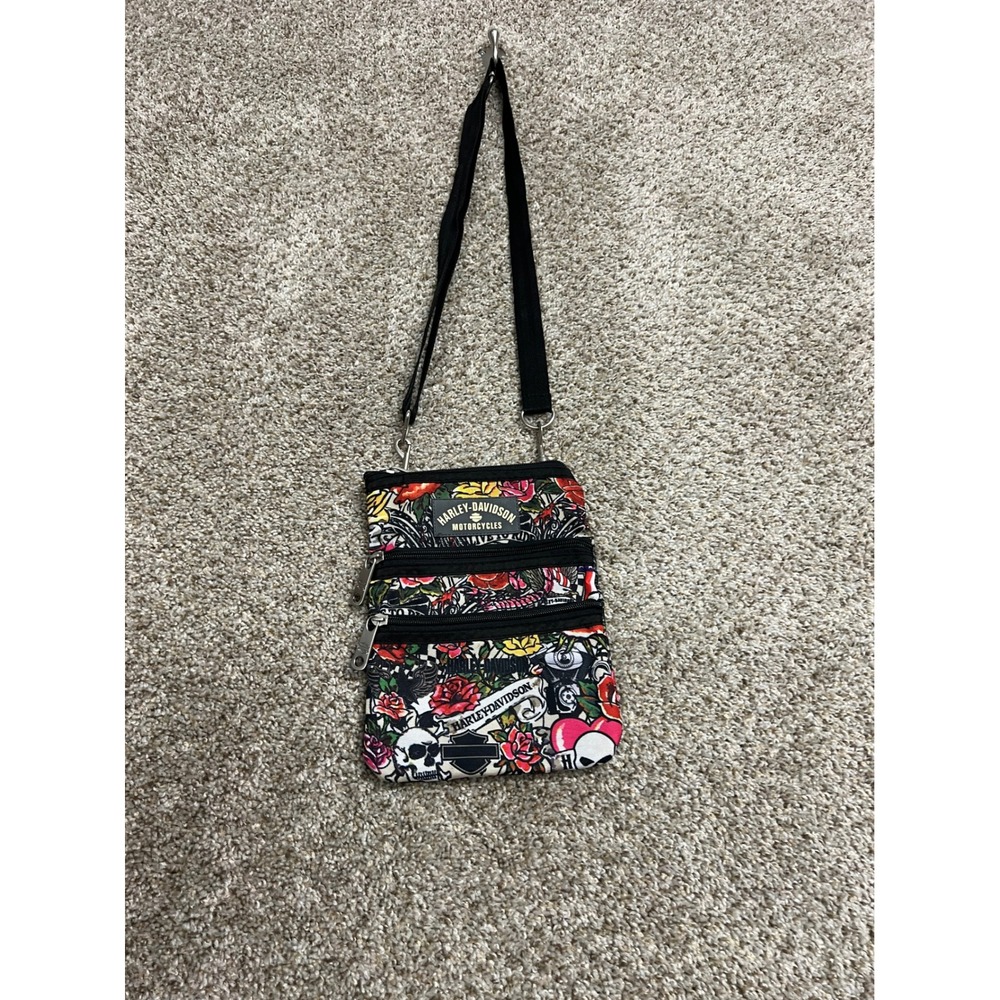 Harley Davidson Tattoo Print Crossbody Bag Skulls Roses Multi Pocket Canvas